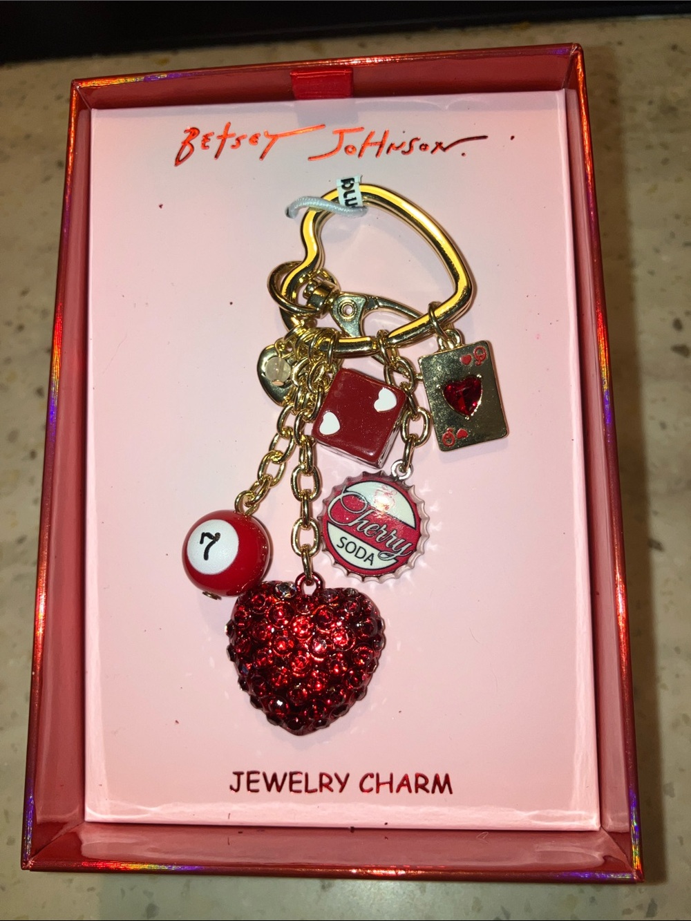 💋Betsey Johnson lucky charms keychain bag charm red dice bling heart NWT
